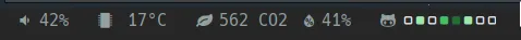 My Polybar containing modules: volume, CPU temp, CO2, and GitHub contributions